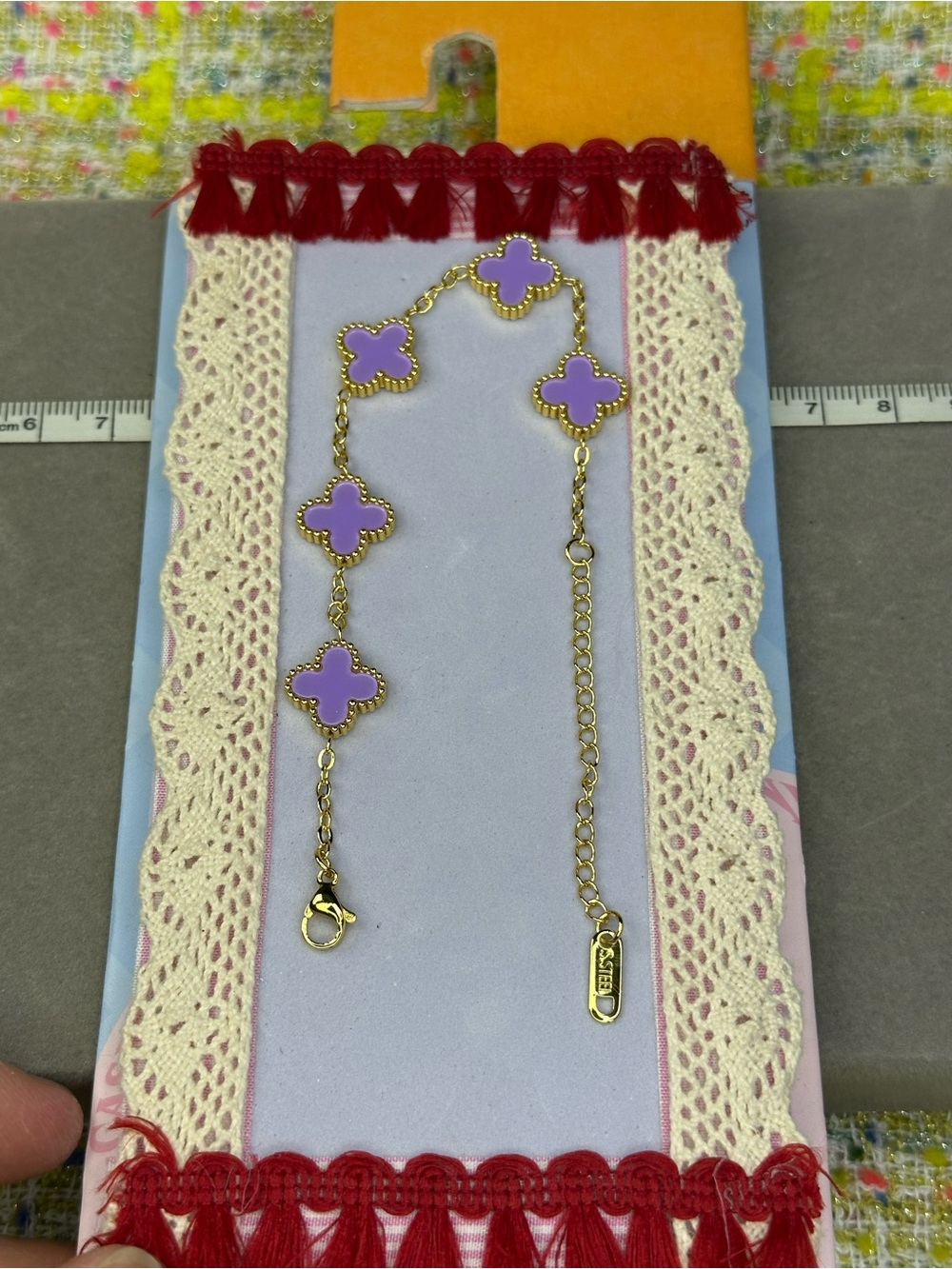 Gold Bracelet with Lavender Clover Charms - Unbranded